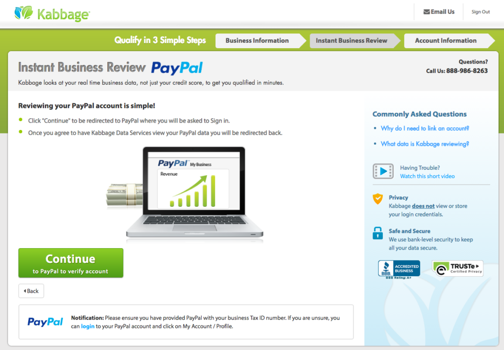 Kabbage review connecting PayPal account