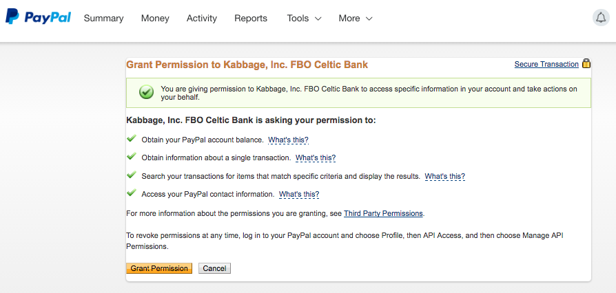 Kabbage requests access to your PayPal account